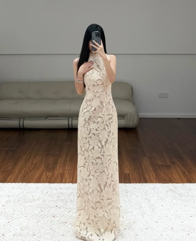 Halter Neck Lace Prom Party Dress Evening Dress Classy Birthday Outfit  fg8635