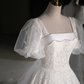 Elegant White Lace A-Line Wedding Party Dress with Puff Sleeves, White Lace Formal Gown  fg8732