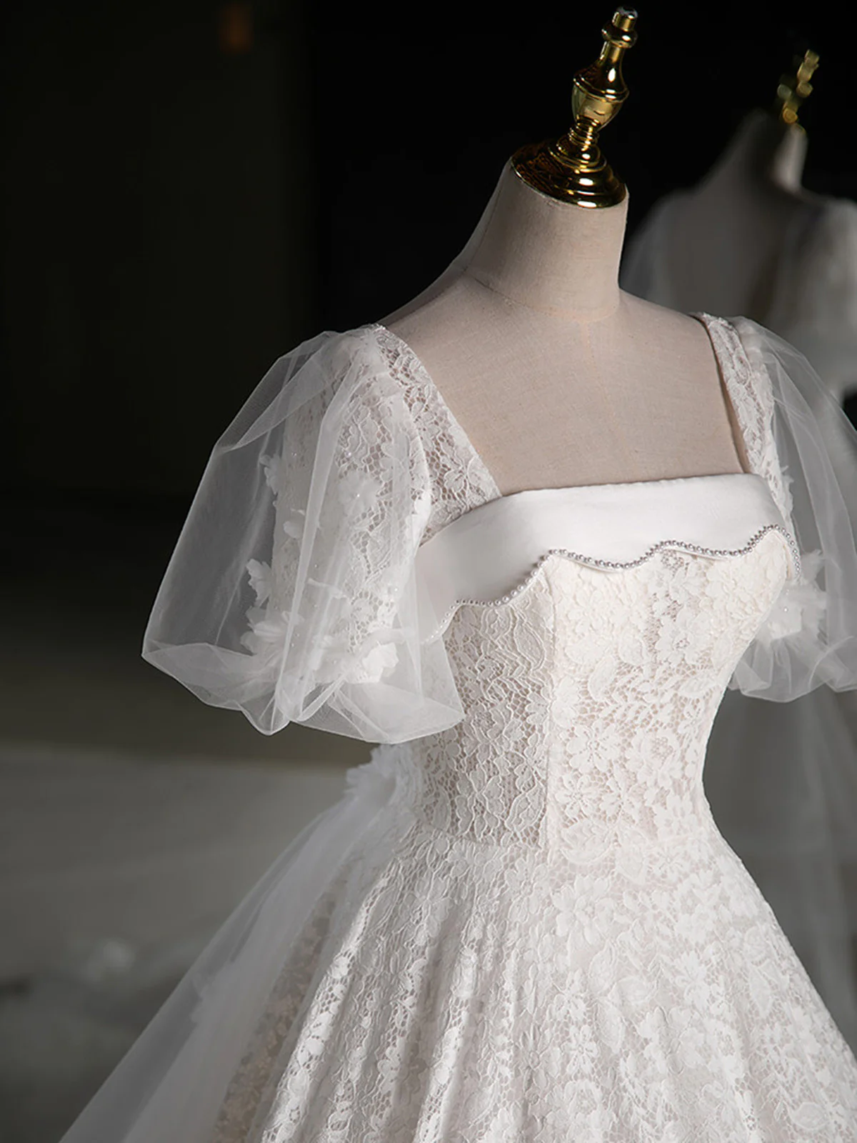 Elegant White Lace A-Line Wedding Party Dress with Puff Sleeves, White Lace Formal Gown  fg8732