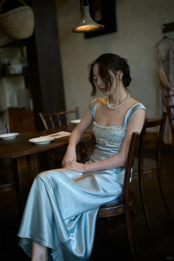 Elegant Blue A Line Straps Beaded Satin Long Prom Dress Evening  Dress fg8690