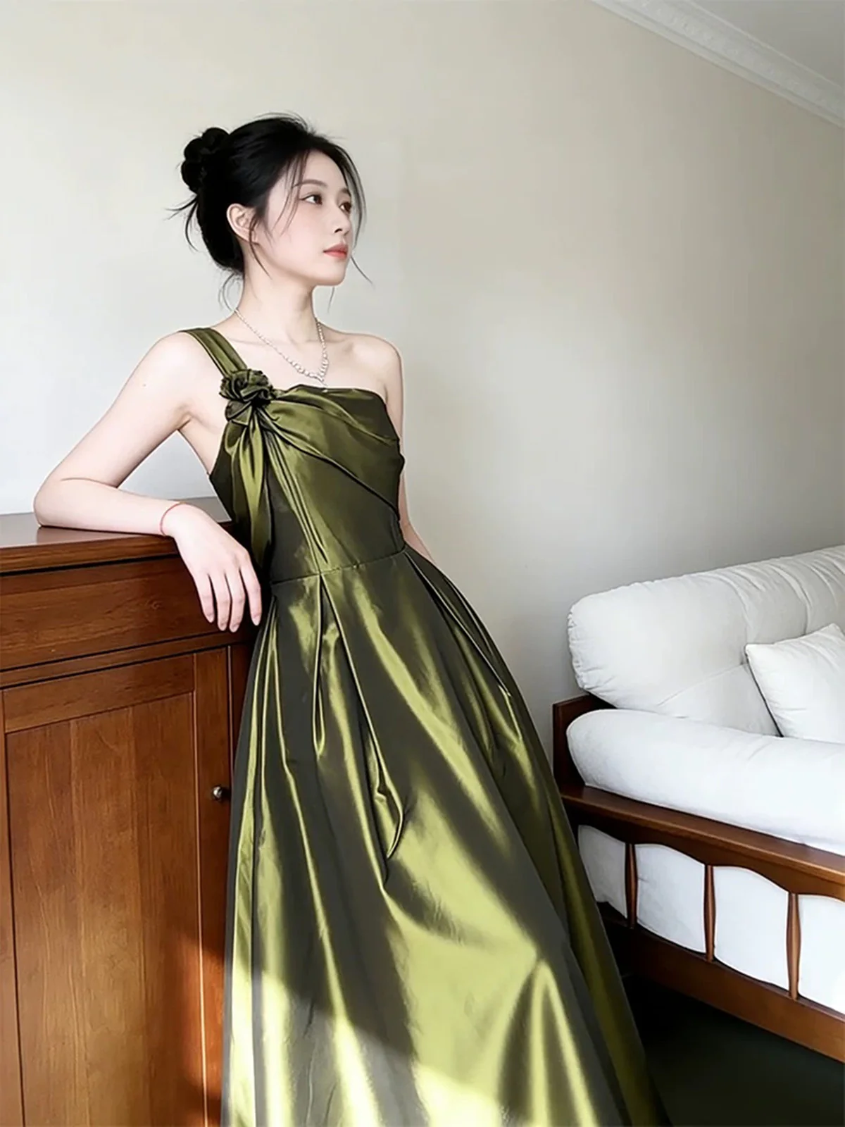Elegant Olive Green One Shoulder Satin Prom Dress, Vintage-Inspired A-Line Formal Dress fg8718