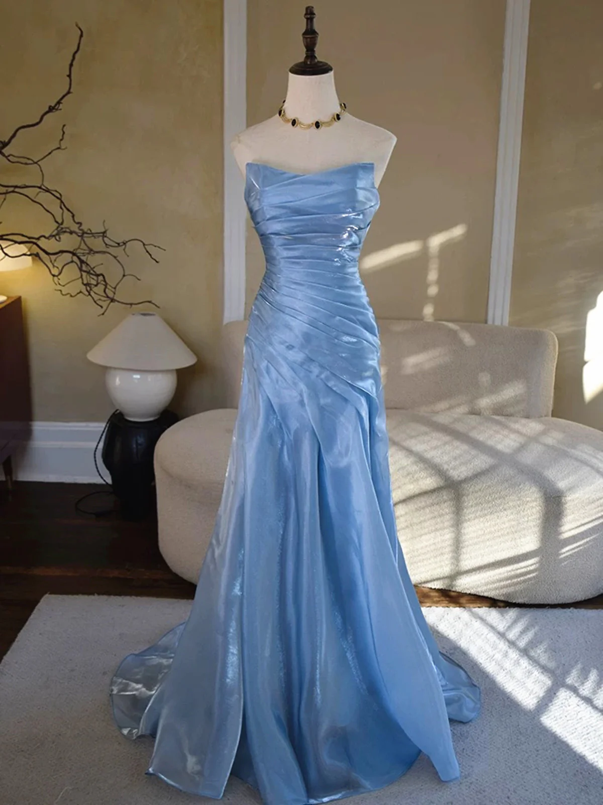 Vintage-Inspired Blue Strapless Prom Dress, Ruched Pleated Mermaid Eve formalgowns Vintage-Inspired Blue Strapless Prom Dress, Ruched Pleated Mermaid Eve formalgowns