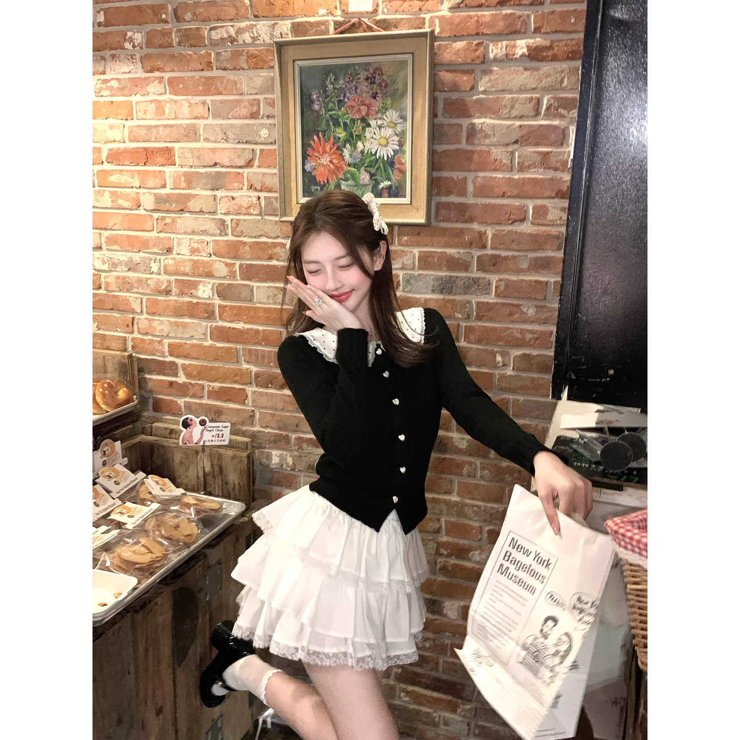 Black polka dot cardigan sweater for women, autumn and winter. A20