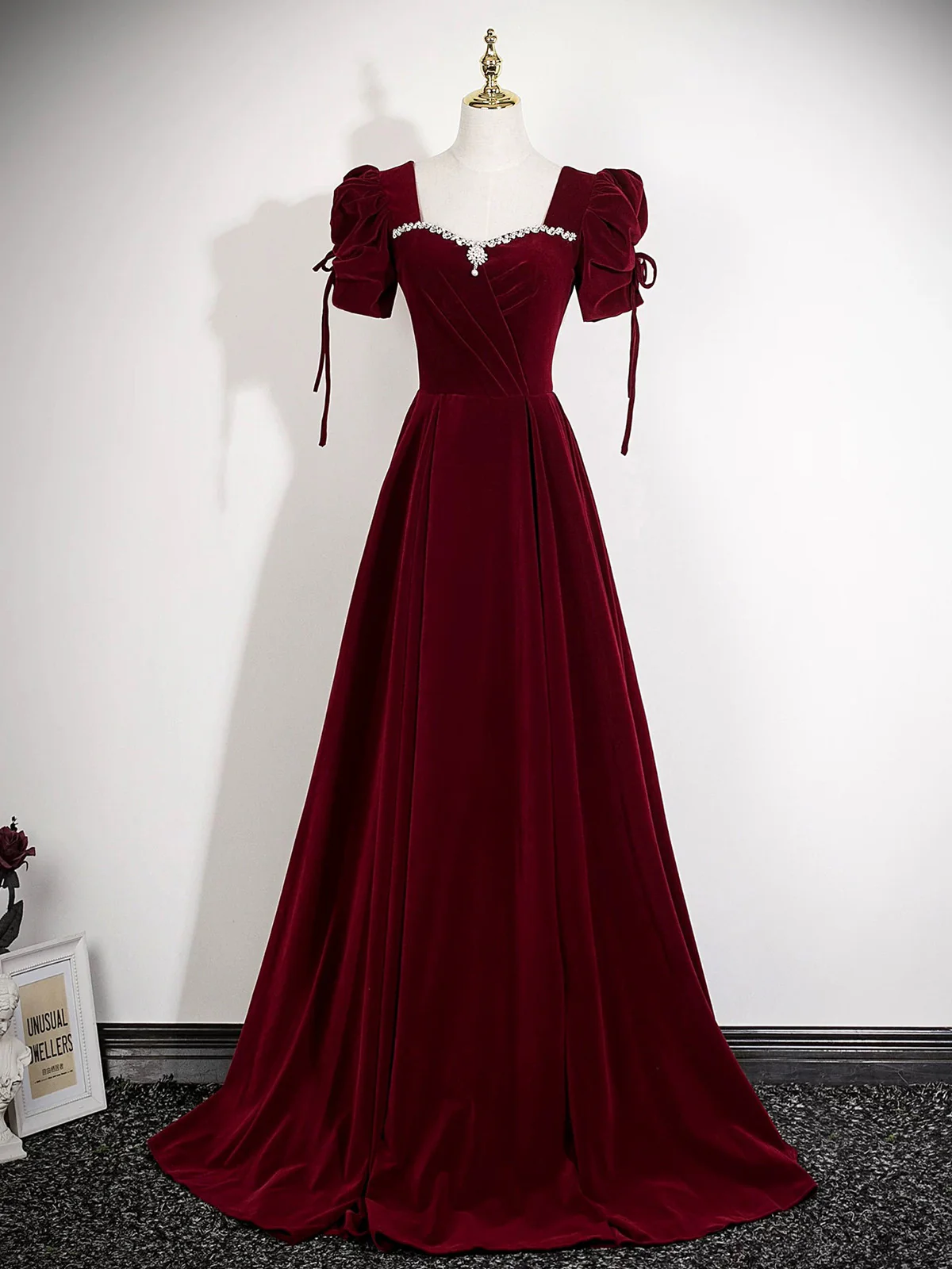 Wine Red Velvet A-line Prom Dress, Wine Red Beaded Long Party Dress Formal Dress  fg8745