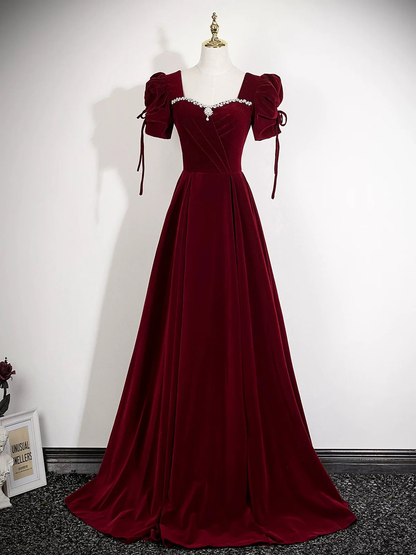 Wine Red Velvet A-line Prom Dress, Wine Red Beaded Long Party Dress Formal Dress  fg8745