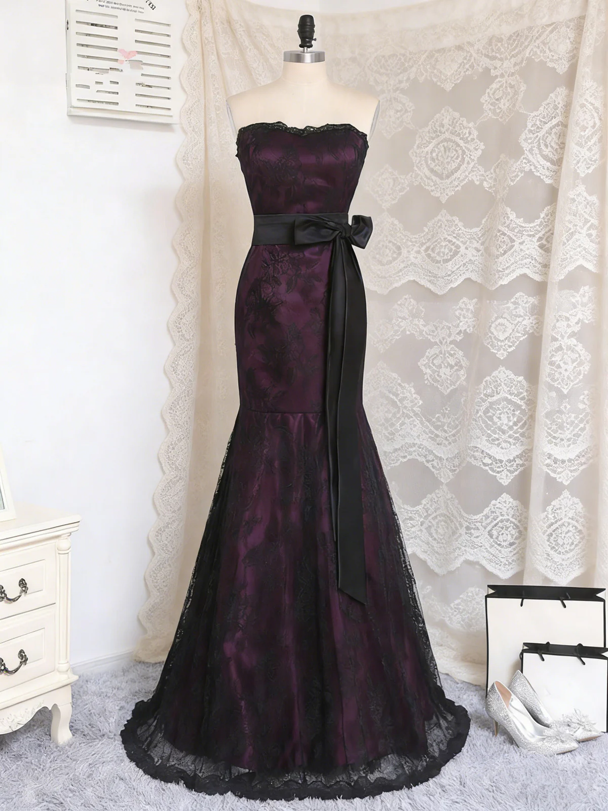 strapless open back dress Gothic Purple and Black Lace Mermaid Prom Gown, Strapless Floor-Length –  formalgowns