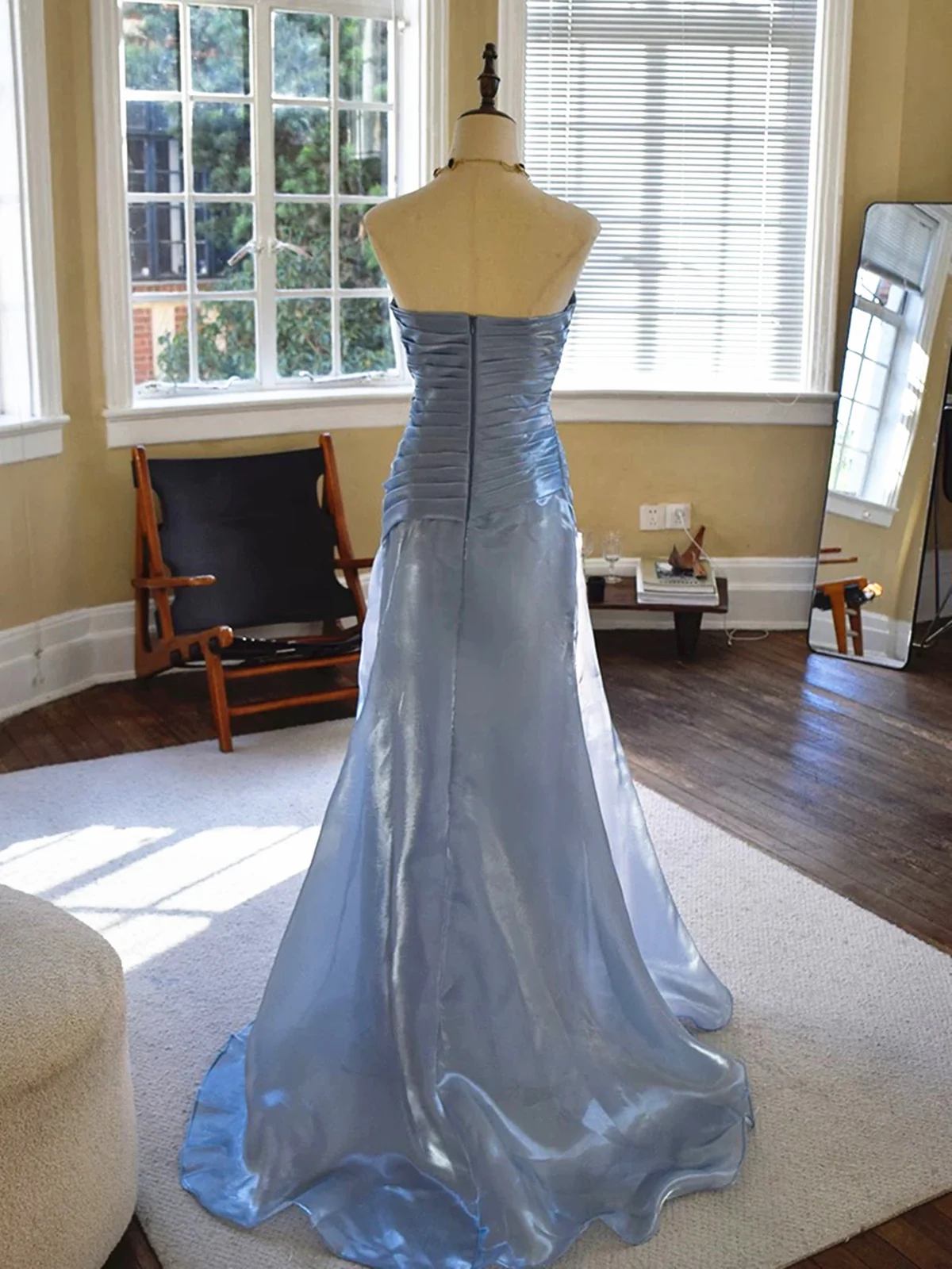 Vintage-Inspired Blue Strapless Prom Dress, Ruched Pleated Mermaid Evening Dress  fg8746