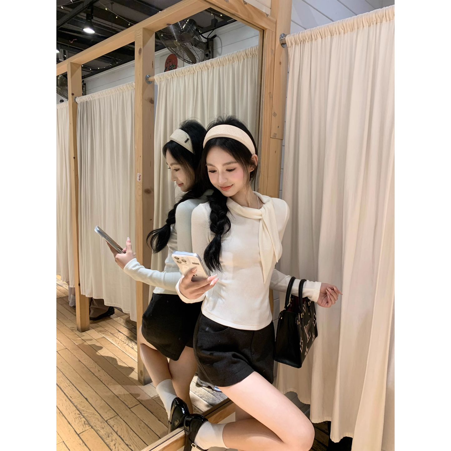 Slim-fit, straight-shouldered long-sleeved knit top for autumn and winter A149