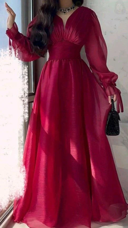 A Line V Neckline Long Sleeves Hot Pink Tulle Long Prom Dresses Evening Dress fg8513