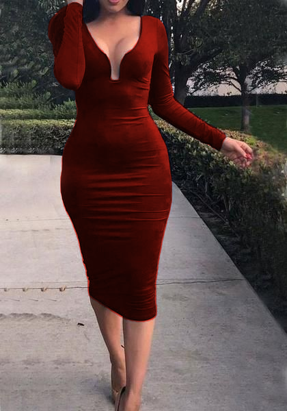 Sapphire Blue Long Sleeve Deep V-neck Elegant dress     fg2416