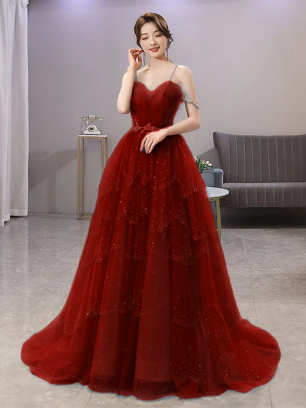 Blue Gorgeous Spaghetti Straps Tiered Tulle Prom Dress, Sparkly Dress With Beading       fg4000