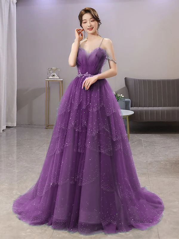 Blue Gorgeous Spaghetti Straps Tiered Tulle Prom Dress, Sparkly Dress formalgowns Blue Gorgeous Spaghetti Straps Tiered Tulle Prom Dress, Sparkly Dress formalgowns