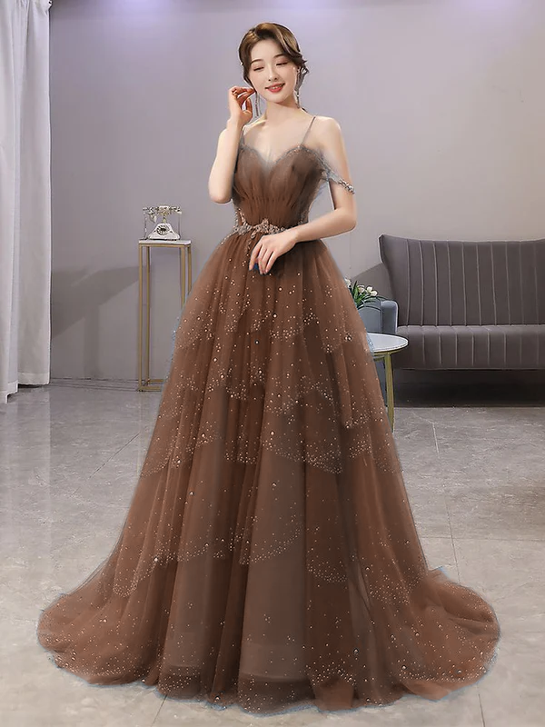 Blue Gorgeous Spaghetti Straps Tiered Tulle Prom Dress, Sparkly Dress formalgowns Blue Gorgeous Spaghetti Straps Tiered Tulle Prom Dress, Sparkly Dress formalgowns