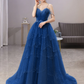 Blue Gorgeous Spaghetti Straps Tiered Tulle Prom Dress, Sparkly Dress With Beading       fg4000