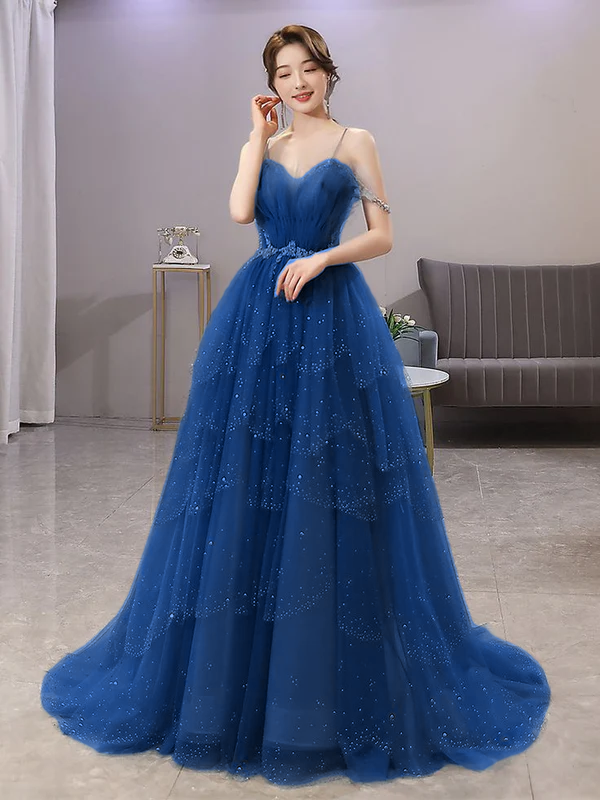 Blue Gorgeous Spaghetti Straps Tiered Tulle Prom Dress, Sparkly Dress With Beading       fg4000