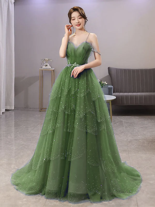 Blue Gorgeous Spaghetti Straps Tiered Tulle Prom Dress, Sparkly Dress With Beading       fg4000