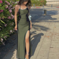 Simple Sheath Prom Dress with Split,Dark Navy Graduation Dress       fg4187