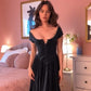 Robe de bal longue en velours noir à épaules dénudées et coupe trapèze, robe de soirée fg4446
