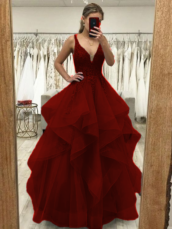 A-Line/Princess Tulle Applique V-neck Sleeveless Floor-Length Dresses Prom Dress    fg4509