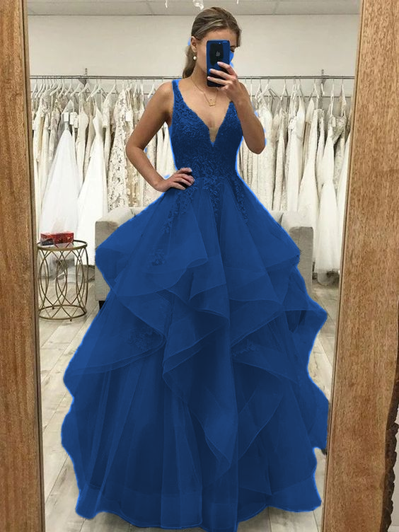 A-Line/Princess Tulle Applique V-neck Sleeveless Floor-Length Dresses Prom Dress    fg4509