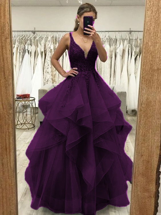 A-Line/Princess Tulle Applique V-neck Sleeveless Floor-Length Dresses Prom Dress    fg4509