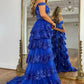 Schulterfreies, mehrlagiges, marineblaues, langes Ballkleid aus Spitze mit Schlitz, schulterfreies, marineblaues Abendkleid fg4837
