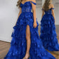 Schulterfreies, mehrlagiges, marineblaues, langes Ballkleid aus Spitze mit Schlitz, schulterfreies, marineblaues Abendkleid fg4837