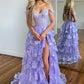 Schulterfreies, mehrlagiges, marineblaues, langes Ballkleid aus Spitze mit Schlitz, schulterfreies, marineblaues Abendkleid fg4837