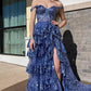 Schulterfreies, mehrlagiges, marineblaues, langes Ballkleid aus Spitze mit Schlitz, schulterfreies, marineblaues Abendkleid fg4837