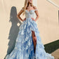 Schulterfreies, mehrlagiges, marineblaues, langes Ballkleid aus Spitze mit Schlitz, schulterfreies, marineblaues Abendkleid fg4837