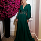 Fuchsia Chiffon Prom Dresses Simple Evening Dress Long Puff Sleeves V Neck Slit A Line Party Gowns      fg4859
