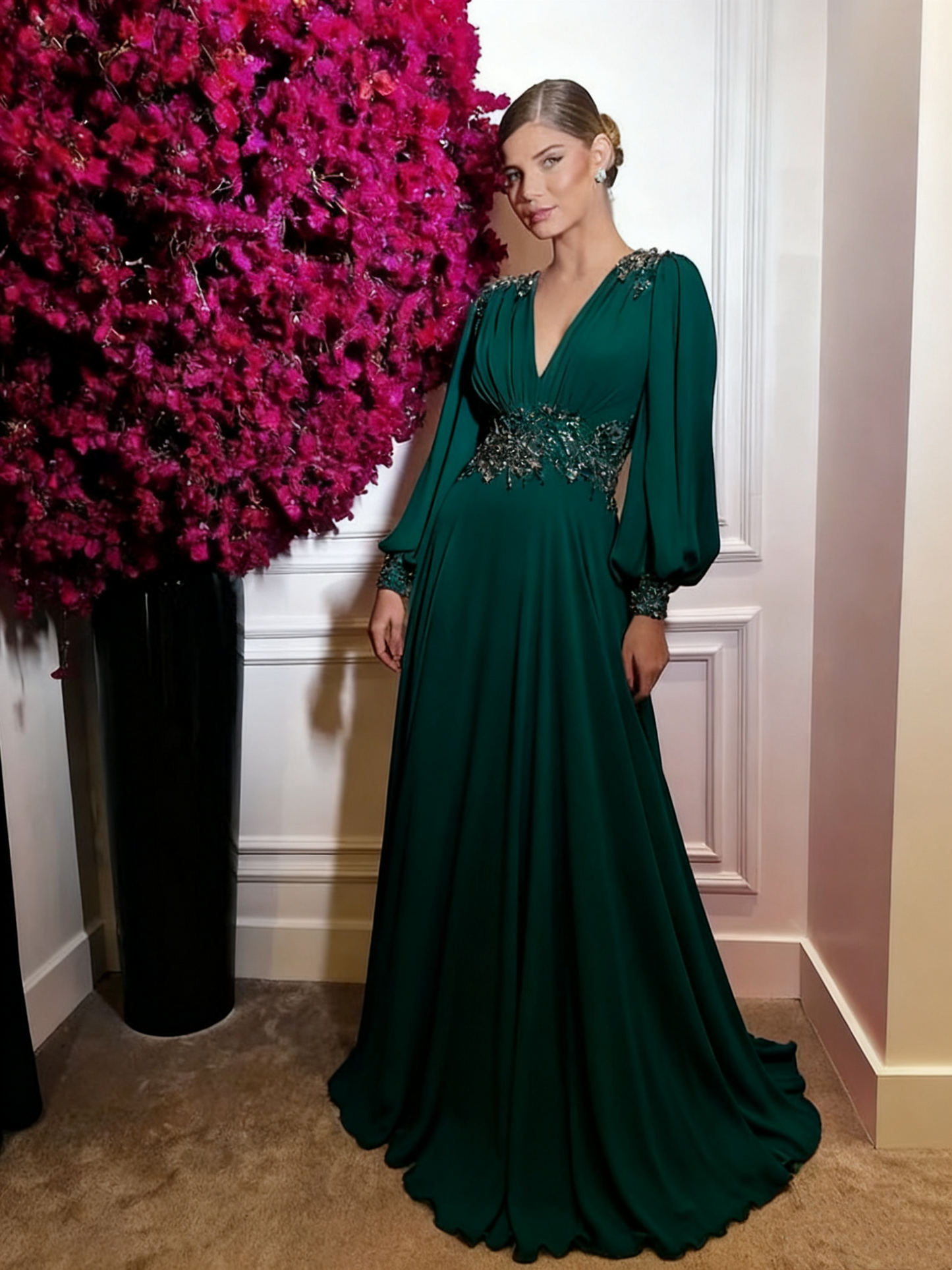 green emerald velvet dress Fuchsia Chiffon Prom Dresses Simple Evening Dress Long Puff Sleeves V –  formalgowns