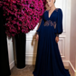Fuchsia Chiffon Prom Dresses Simple Evening Dress Long Puff Sleeves V Neck Slit A Line Party Gowns      fg4859