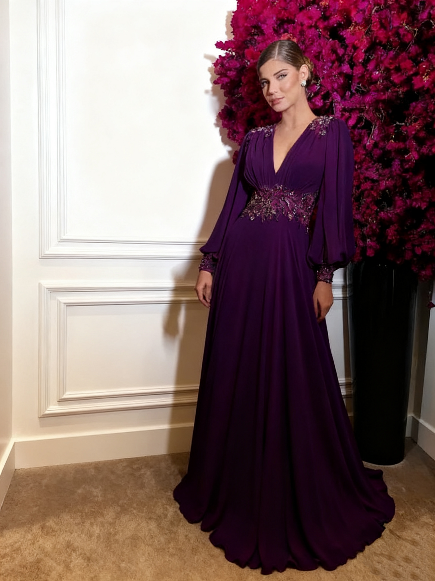 Fuchsia Chiffon Prom Dresses Simple Evening Dress Long Puff Sleeves V formalgowns Fuchsia Chiffon Prom Dresses Simple Evening Dress Long Puff Sleeves V formalgowns