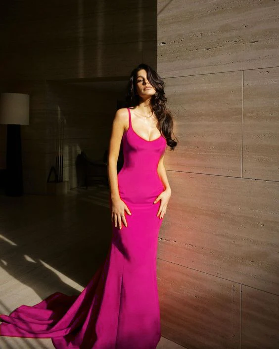pink red prom dress Hot Pink Prom Dress Spaghetti Strap with Elegant Ball Gown
