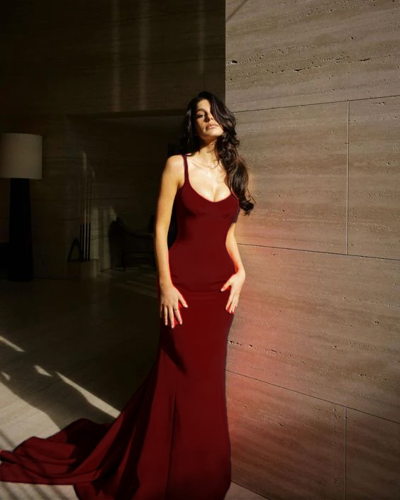 red spaghetti strap mermaid dress Red Spaghetti Straps Cutout Beaded Mermaid Long Dress With Split, Red / 8
