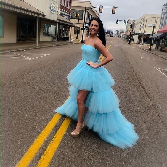 Hot Pink Strapless High Low Formal Gown,Tulle Prom Evening Dresses    fg538