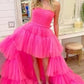 Hot Pink Strapless High Low Formal Gown,Tulle Prom Evening Dresses    fg538