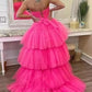 Hot Pink Strapless High Low Formal Gown,Tulle Prom Evening Dresses    fg538