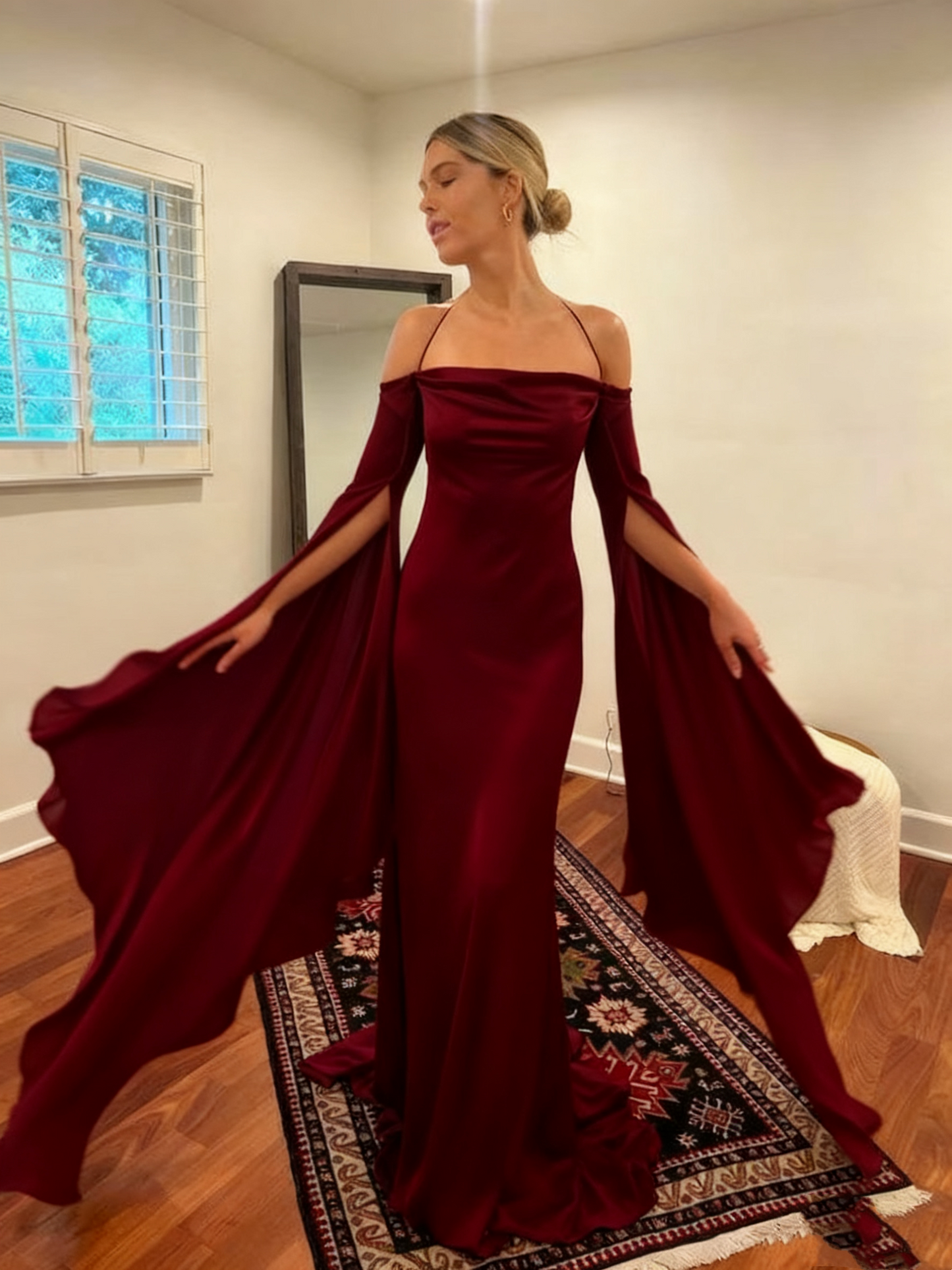 Wedding Dresses Soft Satin Long Floor Length Open Back Simple Bridal Gown With Detachable Flare Sleeves       fg6409