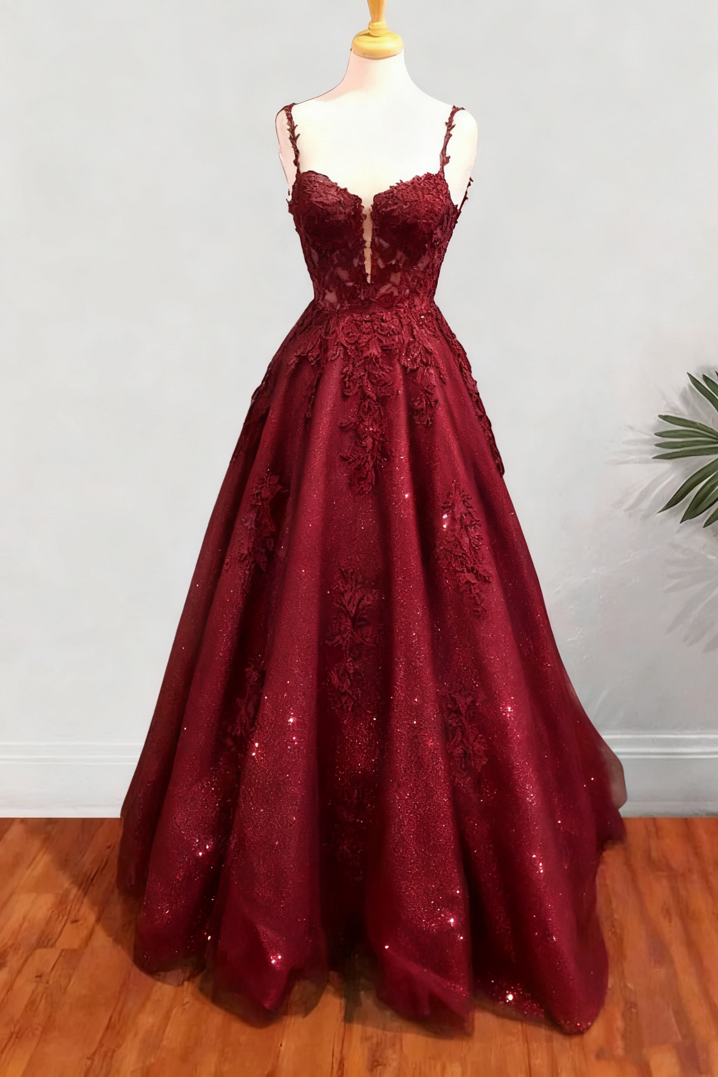 A-line Spaghetti Straps Long/Floor-Length Tulle Prom Dress With Beading Glitter Appliqued       fg6754