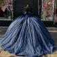 Sweet 16 Birthday Party Dresses Navy Blue Off-Shoulder Lace Appliqued Tulle Ball Gown for Birthday Celebration Sweet 15 Mexican Dresses fg6897