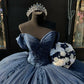 Sweet 16 Birthday Party Dresses Navy Blue Off-Shoulder Lace Appliqued Tulle Ball Gown for Birthday Celebration Sweet 15 Mexican Dresses fg6897