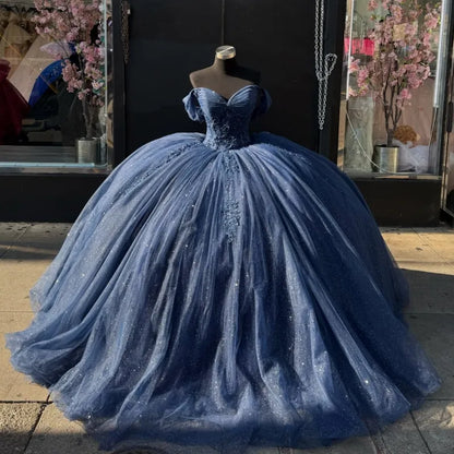 Sweet 16 Birthday Party Dresses Navy Blue Off-Shoulder Lace Appliqued Tulle Ball Gown for Birthday Celebration Sweet 15 Mexican Dresses fg6897