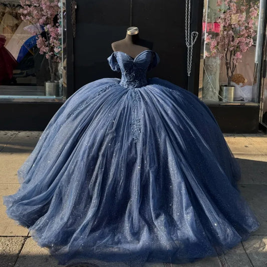 Sweet 16 Birthday Party Dresses Navy Blue Off-Shoulder Lace Appliqued Tulle Ball Gown for Birthday Celebration Sweet 15 Mexican Dresses fg6897