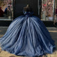 Sweet 16 Birthday Party Dresses Navy Blue Off-Shoulder Lace Appliqued Tulle Ball Gown for Birthday Celebration Sweet 15 Mexican Dresses fg6897