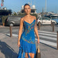 Robe de bal courte bleue à bretelles spaghetti, robe de soirée sexy bleue fg7276