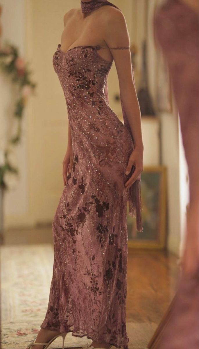 vintage couture evening dresses Vintage rose velvet dress with baguette and crystal embroidery