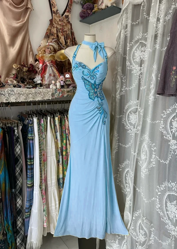 Robe de soirée longue jaune style sirène à col licou fg7398