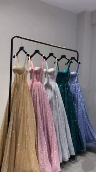 A Line Pink Spaghetti Straps Shinny Long Formal Dress Evening Party Dresses  fg7759